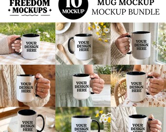 15oz Coffee Mug Mockup Bundle | Printify Accent White Mug Black Handle | Cozy Cottagecore Spring Lifestyle Aesthetic | Canva Editable