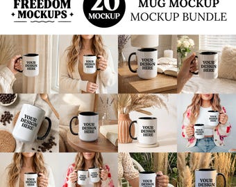 15oz Coffee Mug Mockup Bundle | Printify Accent White Mug Black Handle | Boho Aesthetic Minimal Lifestyle | Canva Editable Mockup