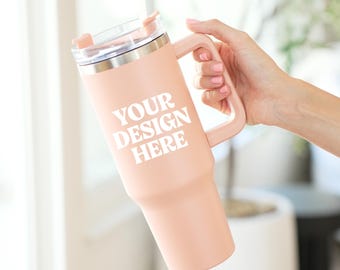 Insulated Tumbler with Lid Mockup, Travel Mug Mockup, 40oz Tumbler Mockup, Peach Travel Mug Mockup, Real Product Mockup