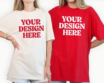 Comfort Colors C1717 Ivory & Red Shirt Mockup, 1717 Ivory Red Couple Tshirt Mockup, Minimal Boho Aesthetic Tee Flatlay Mock