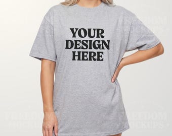Ash Gildan 5000 T-Shirt Mockup JPEG Woman Model Flat Lay Shirt Template for Etsy POD Shops Sublimation DTG Digital Display