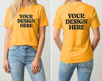 Gold Bella Canvas 3001 Mockup JPEG, Women T Shirt Mockup Front and Back View, Golden Shirt Mockup, Apparel Mockup Digital Download