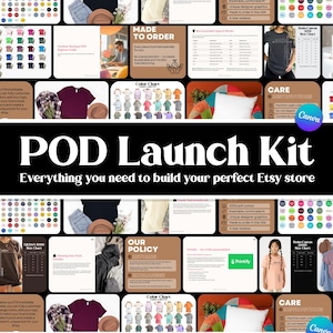 Puede incluir: Imagen promocional para un kit de lanzamiento POD, con varias maquetas de productos, tablas de colores y gráficos informativos. El texto "POD Launch Kit" y "Everything you need to build your perfect Etsy store" se muestran de forma destacada.