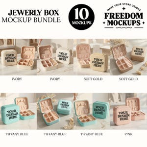 Puede incluir: Un paquete de maquetas de joyeros en varios colores, incluyendo marfil, oro suave, azul Tiffany y rosa. Cada caja est&aacute; abierta, revelando compartimentos para joyas. El texto "YOUR DESIGN HERE" est&aacute; en cada caja. La imagen tambi&eacute;n incluye el texto "JEWERLY BOX MOCKUP BUNDLE" y "10 MOCKUPS".