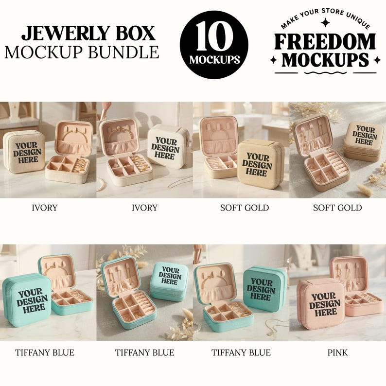 Puede incluir: Un paquete de maquetas de joyeros en varios colores, incluyendo marfil, oro suave, azul Tiffany y rosa. Cada caja est&aacute; abierta, revelando compartimentos para joyas. El texto "YOUR DESIGN HERE" est&aacute; en cada caja. La imagen tambi&eacute;n incluye el texto "JEWERLY BOX MOCKUP BUNDLE" y "10 MOCKUPS".