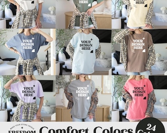 Komfortfarben C1717 Tshirt Mockup Bundle, echtes Modell, gemütliches Trendy Boho Aesthetic Sommer Herbst Shirt Mockup