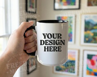 5oz Black Accent Mug Mockup JPG, Hand Holding Coffee Cup in Artistic Room Scene for Sublimation and Etsy Product Display