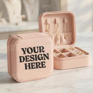 Puede incluir: Una caja de joyer&iacute;a rosa, abierta para mostrar anillos y collares. La caja cerrada tiene el texto "YOUR DESIGN HERE" en negro. La caja de joyer&iacute;a est&aacute; sobre una superficie blanca.