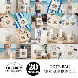 May include: A collection of 20 tote bag mockups, each featuring a beige canvas bag with the text "YOUR DESIGN HERE." The bags are displayed in various settings, including outdoor scenes and lifestyle shots, showcasing different design possibilities.