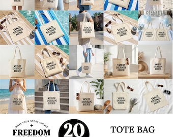 Tote Bag Mockup Bundle with 20 Styled Canvas Bag Scenes, Beach and Lifestyle Cotton Bag Mockups for Canva and Photoshop