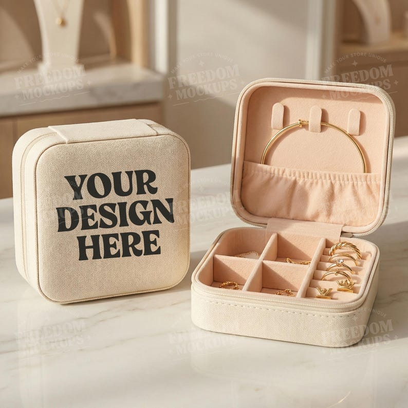 Puede incluir: Caja de joyer&iacute;a beige con el texto "YOUR DESIGN HERE" en negro. La caja abierta revela un interior rosa claro con compartimentos para anillos y una pulsera. Varios anillos de oro y una pulsera de oro son visibles.