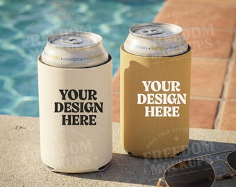 Maqueta de enfriador de latas junto a la piscina, maqueta de funda para una sola bebida con gafas de sol, maqueta de soporte para latas de verano para exteriores para publicación en Etsy