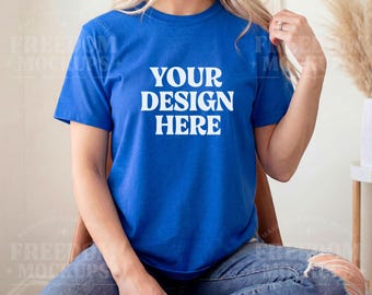 Royal Blue Gildan 6400 T-Shirt Mockup Sitting Pose JPEG Shirt Template for Etsy POD Shops Sublimation DTG Digital Display