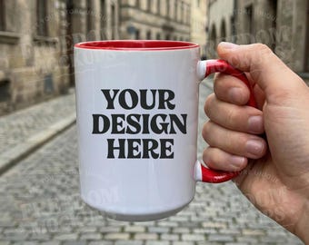 15oz Red Accent Mug Mockup in Hand | Coffee Mug Mockup | Sublimation Mug Mockup | Lifestyle Mug Mockup | Product Mockup for Etsy | JPG