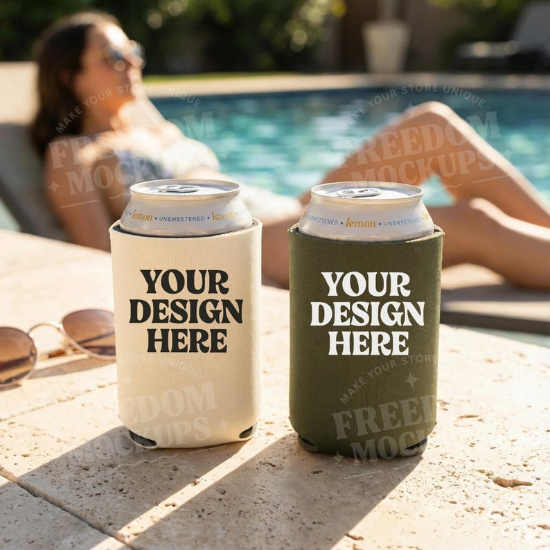 May include: Two beverage can coolers, one beige and one olive green, each holding a silver can. The coolers have the text "YOUR DESIGN HERE" in bold white letters. The background shows a pool and a person relaxing.