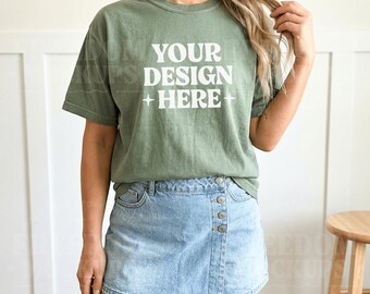 Comfort Colors 1717 Moss Mockup, Green Lifestyle Tshirt Mockup Woman Model JPEG, POD Shirt Mockup Digital Download Etsy Seller