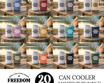 Can Cooler Mockup Bundle, 20 Color Camping Drink Sleeve Mockups, Outdoor Lake Camp Can Cooler Mockups for Etsy Listings