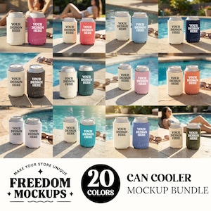 May include: A collection of 20 can cooler mockups in various colors, each featuring the text "YOUR DESIGN HERE." The image includes a pool setting with sunglasses and people in the background. The phrase "CAN COOLER MOCKUP BUNDLE" is also visible.