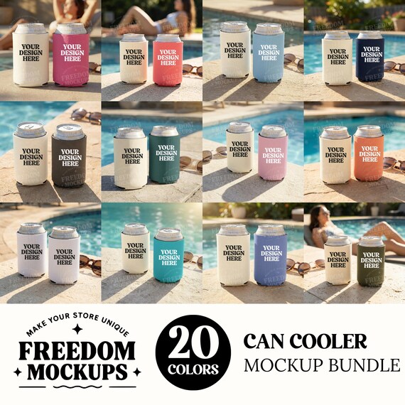 Summer Can Cooler Mockup Bundle, 20 Color Drink Sleeve JPG, Poolside Lifestyle Beer Soda Can Mockups, Digital Download for Etsy Shops