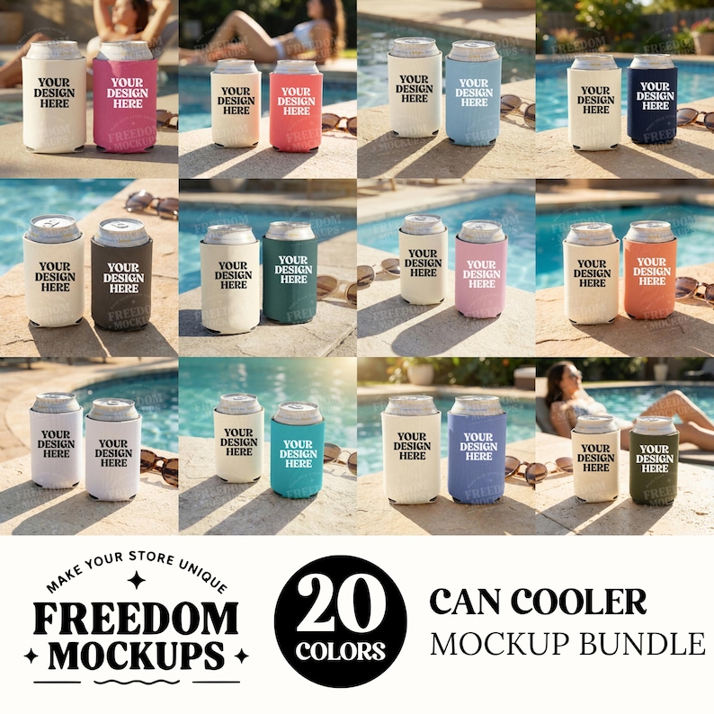May include: A collection of 20 can cooler mockups in various colors, each featuring the text "YOUR DESIGN HERE." The image includes a pool setting with sunglasses and people in the background. The phrase "CAN COOLER MOCKUP BUNDLE" is also visible.
