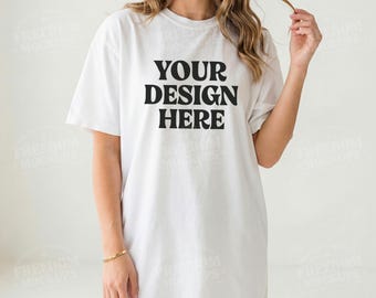 Comfort Colors C1717 White Shirt Mockup, CC 1717 White T-shirt Mock-up, Real Model Mock, Trendy Cozy Summer Fall Boho Aesthetic Tshirt