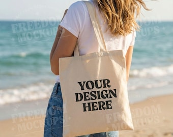 Beach Tote Bag Mockup with Woman Holding Canvas Cotton Bag, Summer Ocean Scene for JPG and Canva Branding Presentation