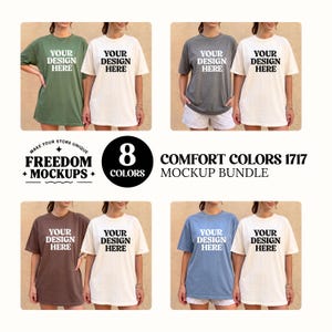 以下が含まれることがあります： さまざまな色のComfort Colors 1717 Tシャツ8枚をフィーチャーしたモックアップバンドル。各Tシャツには「YOUR DESIGN HERE」の文字が入っています。画像には「FREEDOM MOCKUPS」と「COMFORT COLORS 1717 MOCKUP BUNDLE」の文字が含まれています。