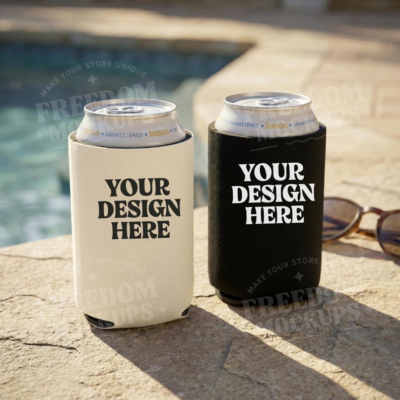 May include: Two beverage can coolers, one cream and one black, each with the text "YOUR DESIGN HERE" in bold white letters. The cans are partially visible, with "lemon" printed on them. The background includes sunglasses and a pool.