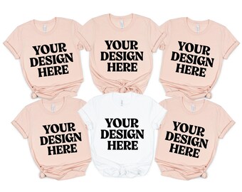 Bella Canvas 3001 Group Shirt Mockup, BC 3001 White Heather Peach Tshirt Mock-up, Real Product Mock, Trendy Minimal Bridal Party Group