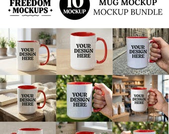 15oz Red Accent Mug Mockup Bundle | Coffee Mug Mockup Set | Sublimation Mug Mockups | Product Mockup for Etsy