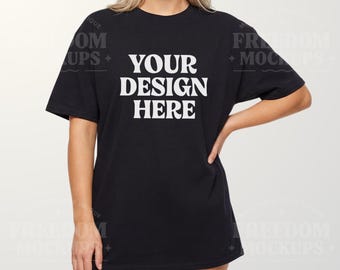 Black Gildan 5000 T-Shirt Mockup JPEG Woman Model Flat Lay Shirt Template for Etsy POD Shops Sublimation DTG Digital Display
