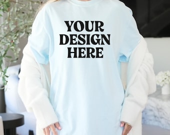 Comfort Colors C1717 Chambray Shirt Mockup, CC 1717 Blue Tshirt Mock, Real Model Mockup, Trendy Cozy Flat Lay Aesthetic Tee
