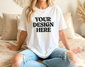 White Bella Canvas 3001 Mockup Bundle Womens T Shirt JPEG Real Model, Cozy Boho Aesthetic Lifestyle Shirt Mock Up