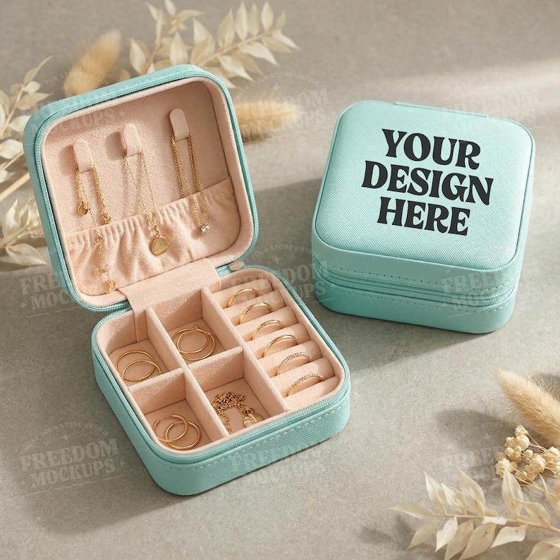 Puede incluir: Una caja de joyer&iacute;a azul claro, abierta para mostrar collares, aretes y anillos dorados. El interior est&aacute; forrado con tela rosa. Una caja cerrada con el texto "YOUR DESIGN HERE" est&aacute; al lado de la caja abierta.