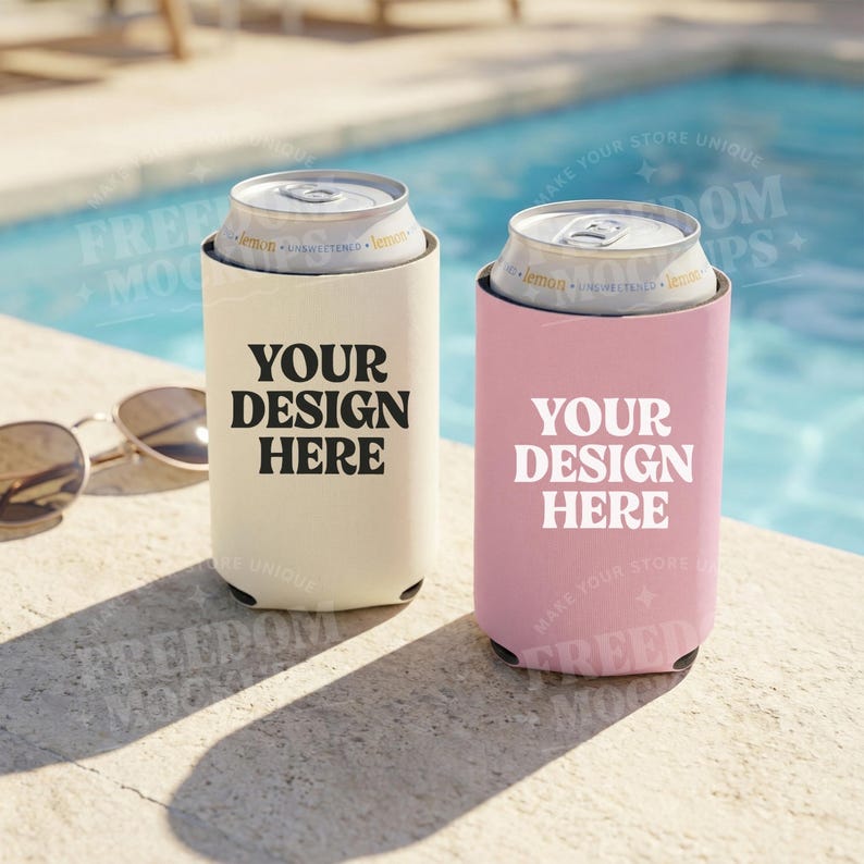 May include: Two beverage can coolers, one cream-colored and one pink, each with the text "YOUR DESIGN HERE" in a bold font. The coolers are next to a pair of sunglasses, with a pool in the background.
