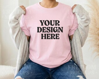 Light Pink Gildan 5000 T-Shirt Mockup for Etsy, Soft Pastel Shirt Lifestyle Photo, High Quality JPG Image for Print on Demand Sellers