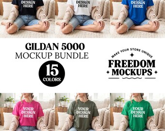 Gildan 5000 T-Shirt Mockup Bundle JPEG Photo Set of 15 Color Flatlay Images for T-Shirt Shop Listing Photos Mock Up Display