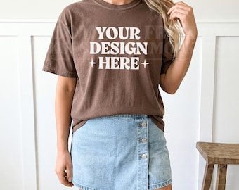 Brown Comfort Colors 1717 Mockup, Espresso Lifestyle Shirt Mockup Woman Model JPEG, POD Etsy Seller Tshirt Digital Download