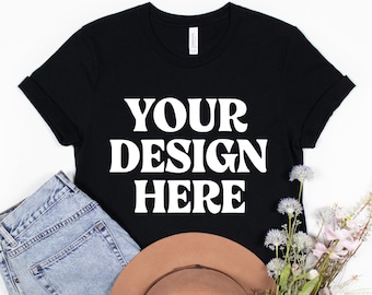 Bella Canvas 3001 Black Tshirt Mockup, BC 3001 Black Shirt Mock-up, Real Product Mock, Simple Neutral Minimal Casual Aesthetic Tee