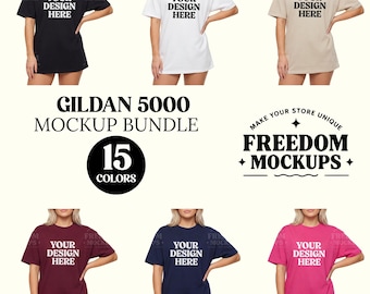 Gildan 5000 Mockup Bundle with 15 Shirt Colors Woman Model JPEG Flat Lay for Etsy POD Shops Sublimation DTG Digital Display Set