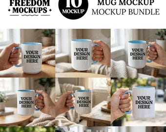 Blue Accent Mug Mockup Bundle JPG Format, 10 Cozy Lifestyle Mockups for 15oz Mug Sublimation and Print on Demand Display
