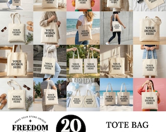 Tote Bag Mockup Bundle with 20 Stylish Scenes for Canva and Photoshop, High Quality Reusable Cotton Bag Mockups for Branding