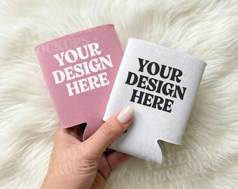 Can Cooler Mockup with Handheld Can Sleeves on Soft Fur Background, Cozy Lifestyle Drinkware Mockup for Branding