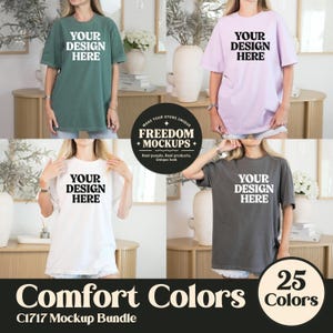 May include: A mockup bundle featuring four Comfort Colors t-shirts in different colors: green, lavender, white, and charcoal. Each shirt displays the text "YOUR DESIGN HERE" in a bold, white font. The image also includes a logo and text that reads "Comfort Colors" and "25 Colors."