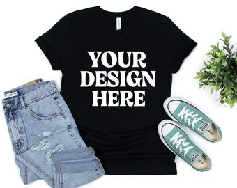 Bella Canvas 3001 Schwarzes Hemd Flat Lay Mockup, BC 3001 Schwarzes Tshirt Mockup, Real Produkt Mockup, Einfache Neutrale Minimal Basic Schlicht