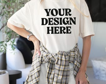 Comfort Colors C1717 Ivory Shirt Mockup, Real Model Mockup, CC 1717 Ivory T-shirt Mock-up, Comfort Colors C1717 Flat Lay Mockup