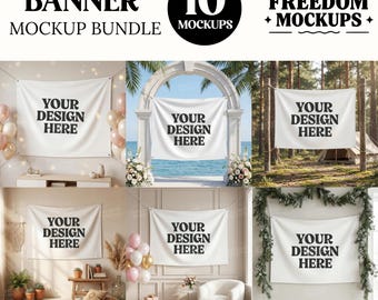 Banner Mockup Bundle – 10 Realistic Fabric Banner Mockups, Wall Hanging Tapestry Mockup Set, JPG Templates