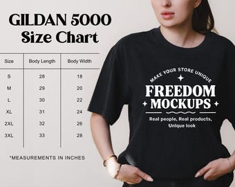May include: Black Gildan 5000 t-shirt with a white graphic that reads "FREEDOM MOCKUPS". A size chart is displayed, with measurements in inches. The chart includes sizes S to 3XL, with body lengths from 28 to 33 inches.