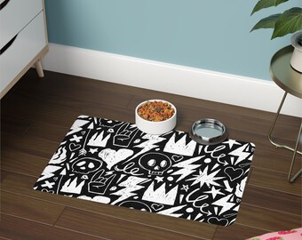 Black Skull Crown Lightning Pet Food Mat |  Dog Bowl Placemat
