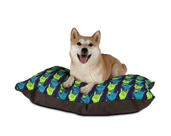 Rock Hand Pattern Pet Bed | Neon Blue Green Repeat Design